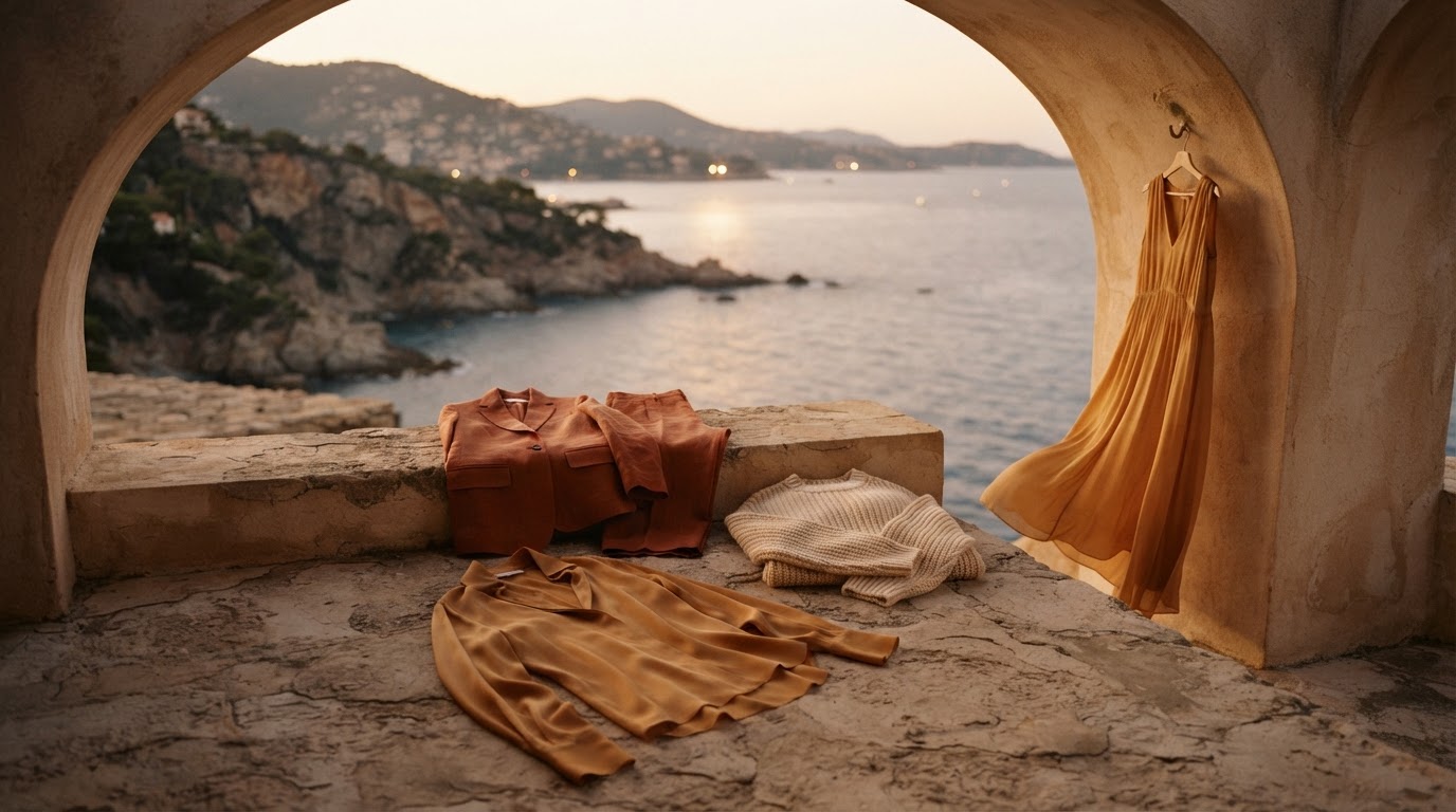 Ochre silk, terracotta linen and warm cream knit arranged on a Riviera stone terrace.