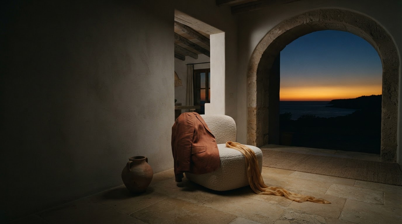 Terracotta tailoring in a Mediterranean villa at blue hour