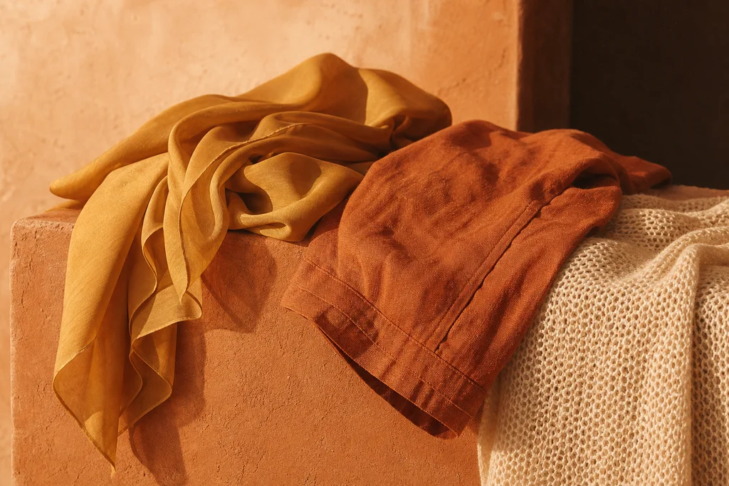 Fabric study of raw silk, washed linen, and dry wool.
