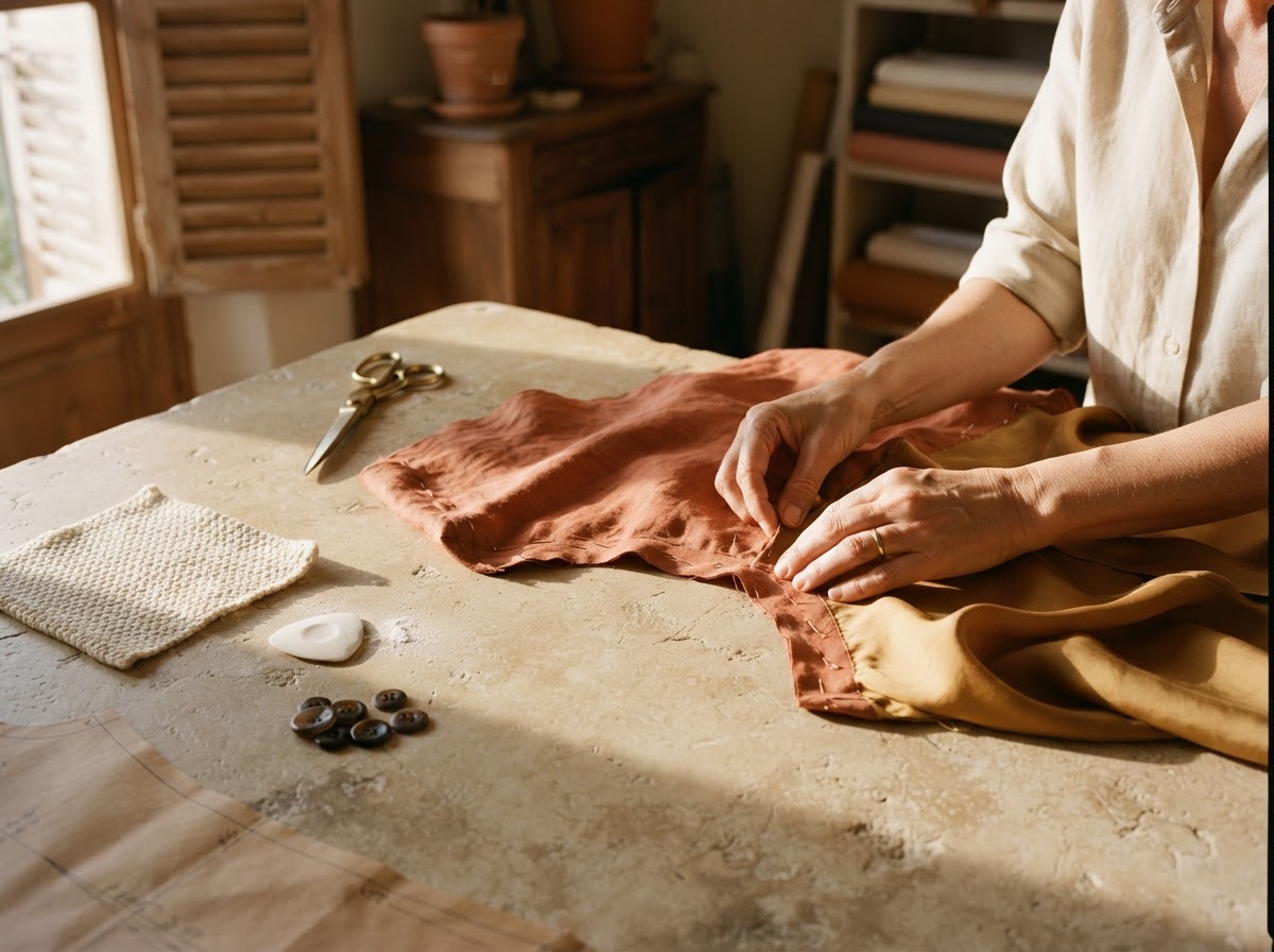 Artisan shaping terracotta linen and ochre silk in the HÉLIOS atelier