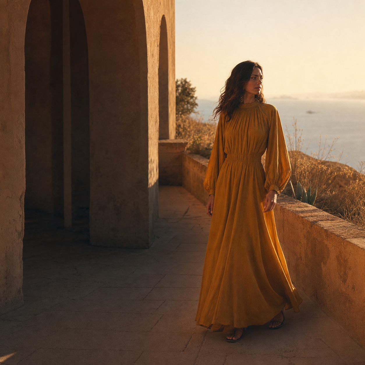 Woman in a flowing ochre dress standing in golden light on a Mediterranean terrace.