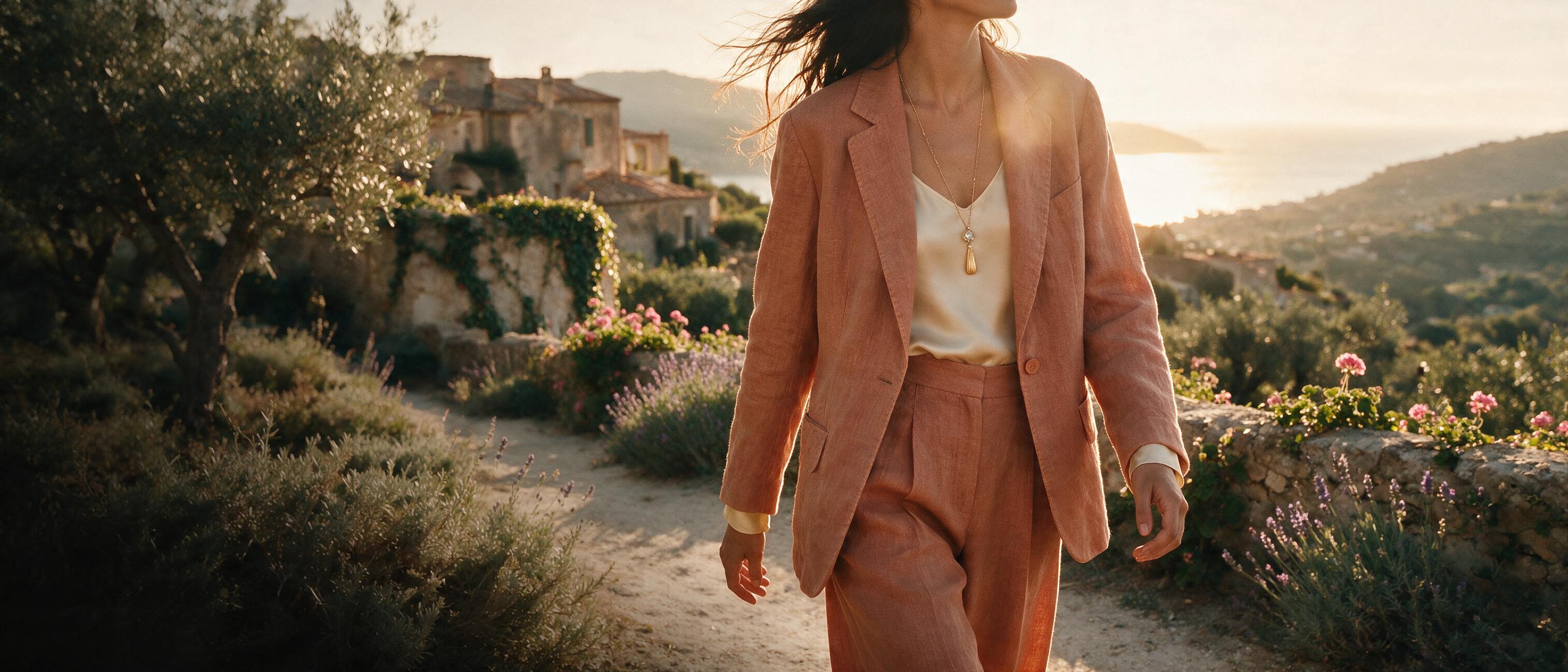 Woman in a terracotta linen suit walking through a sunlit Riviera garden.