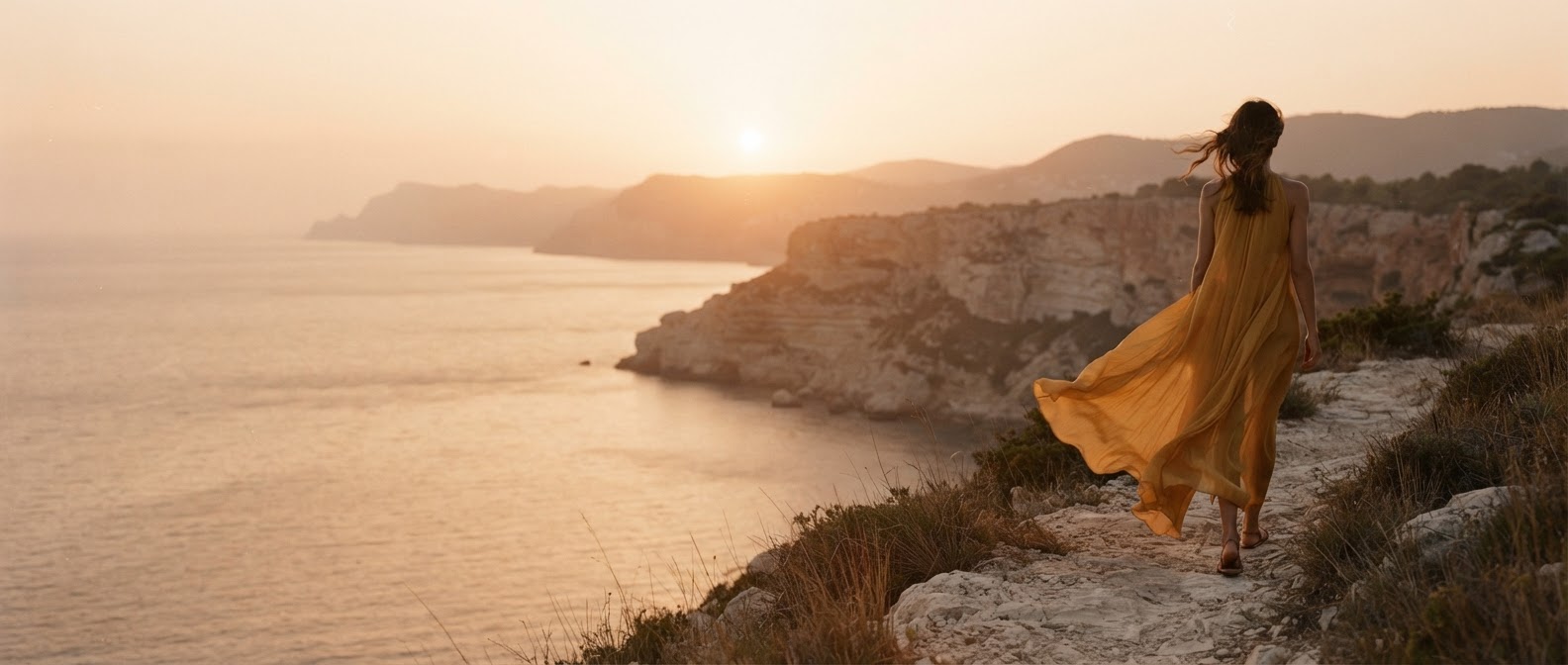 Woman in a flowing ochre dress walking along a Riviera cliff at sunset.