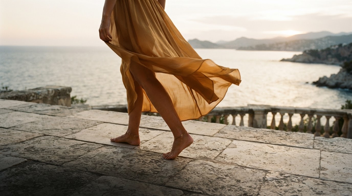 Ochre silk dress moving across a Riviera stone terrace in final light