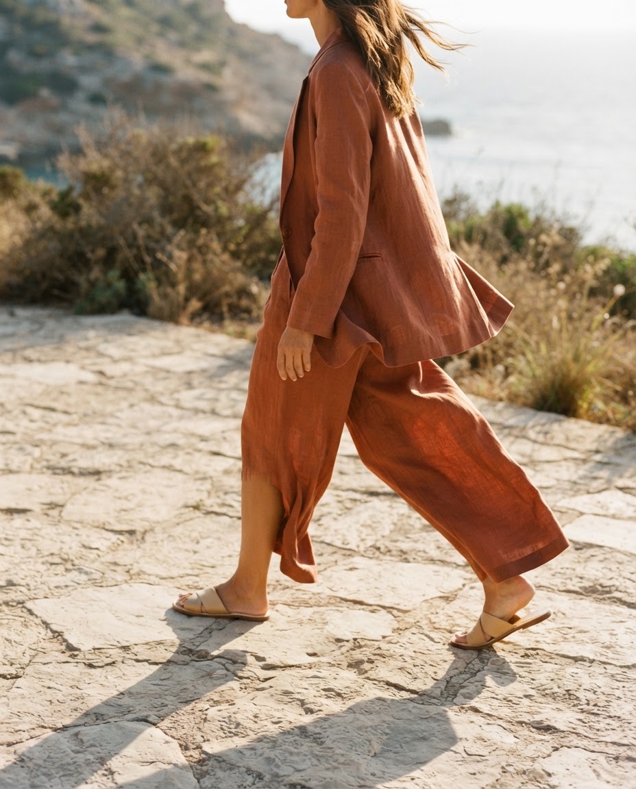 Terracotta linen suit moving through Mediterranean light