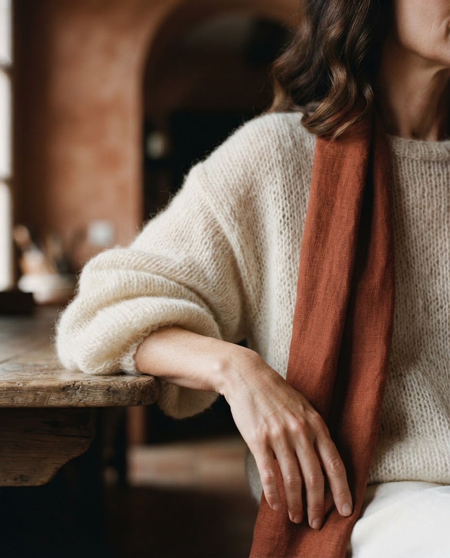 Warm cream open-gauge knit and rust scarf in a shaded interior