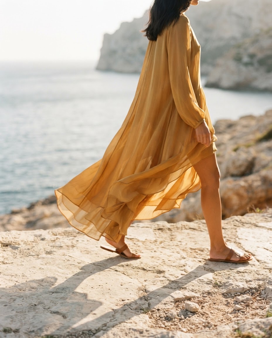 Ochre silk dress moving above the Mediterranean coast