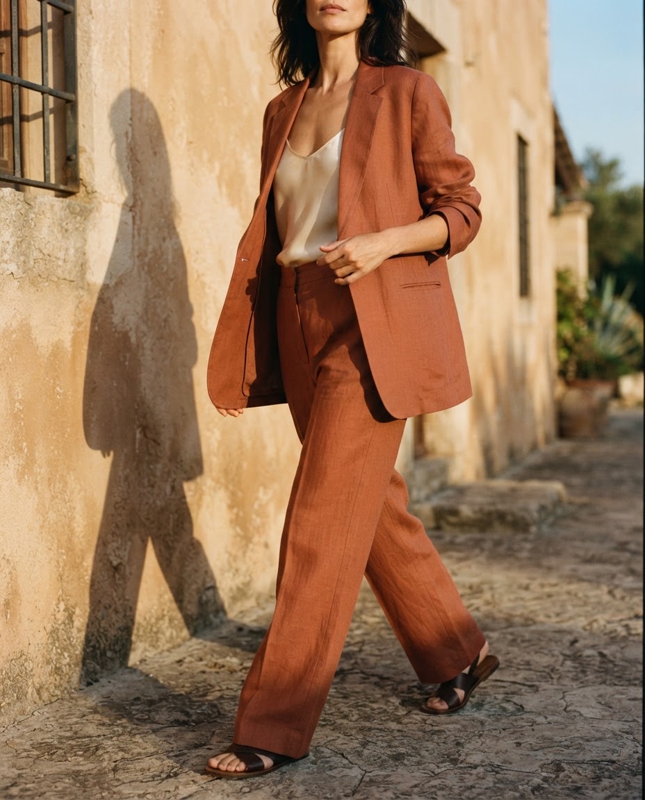 Terracotta linen tailoring in late Mediterranean light