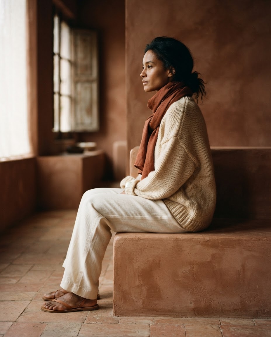 Warm cream knit worn in a quiet terracotta interior