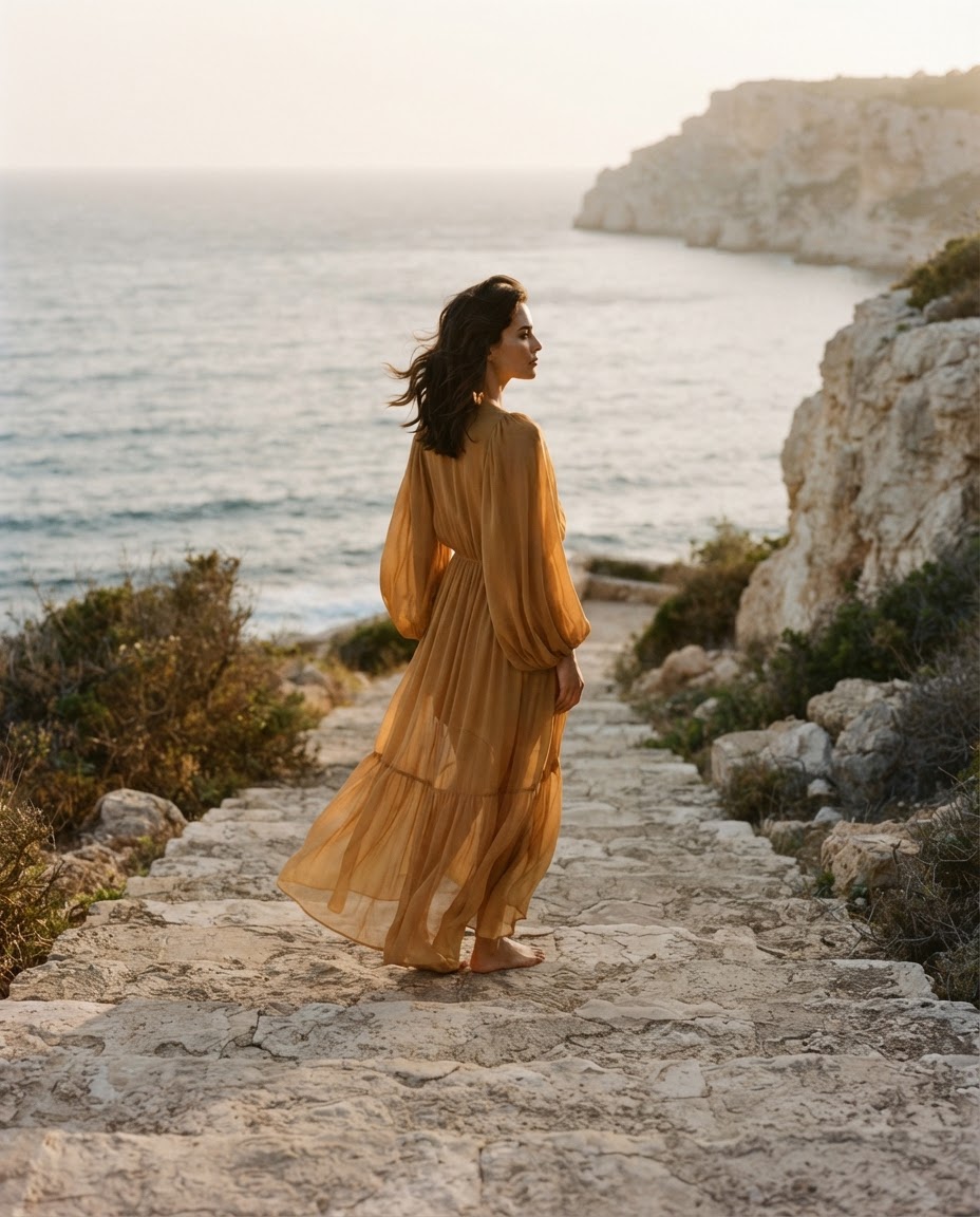 Ochre silk dress on limestone steps above the Mediterranean