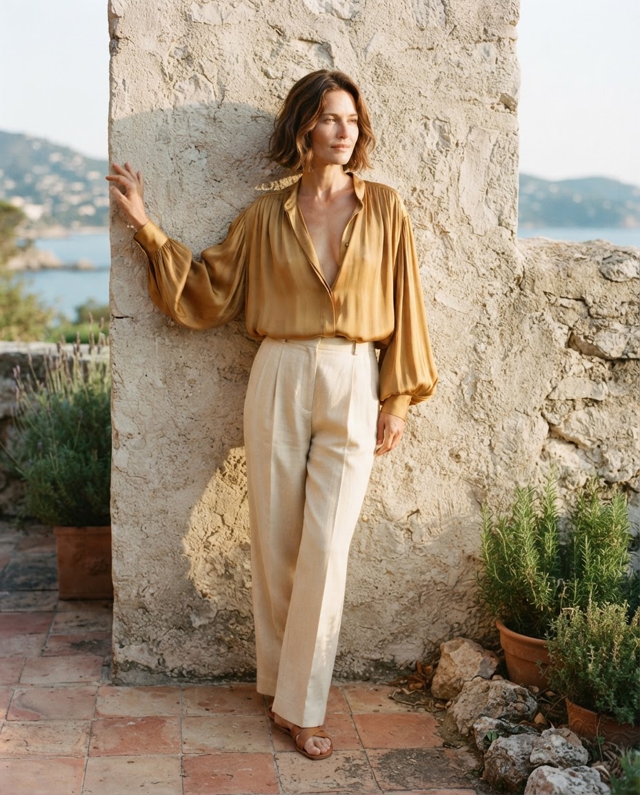 Ochre silk blouse against a sunlit limestone terrace wall