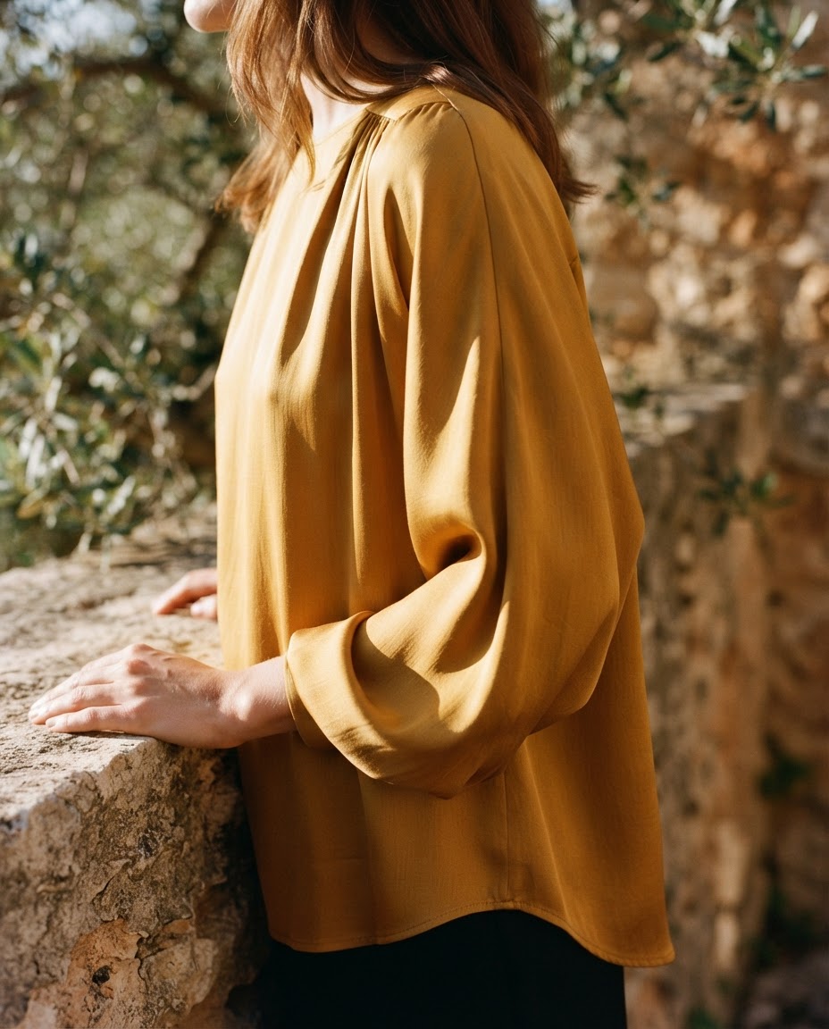 Ochre silk blouse catching sunlight against a limestone terrace