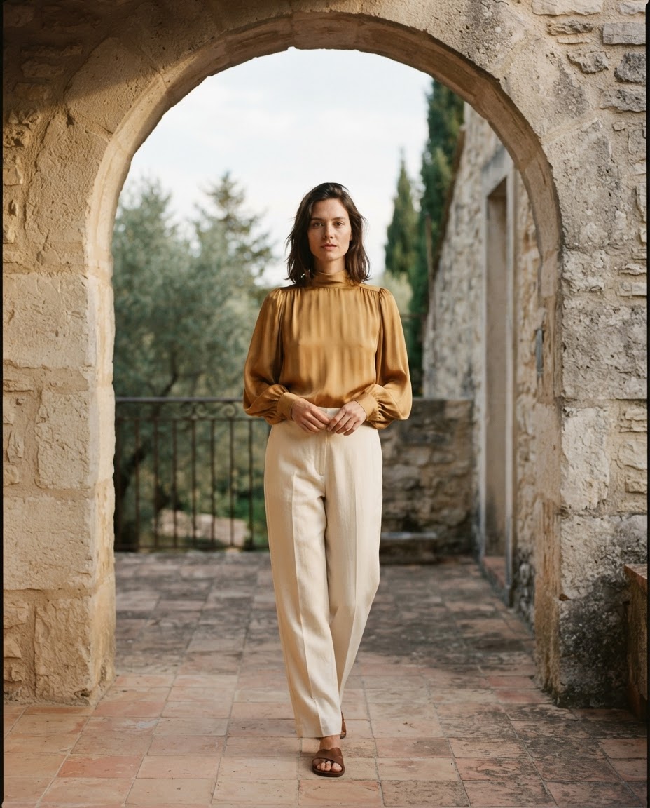 Ochre silk blouse catching sunlight against a limestone terrace