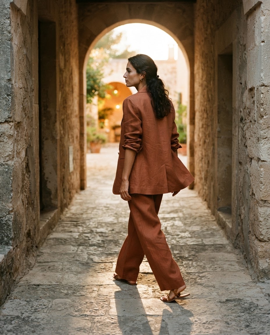 Terracotta linen suit moving through Mediterranean light