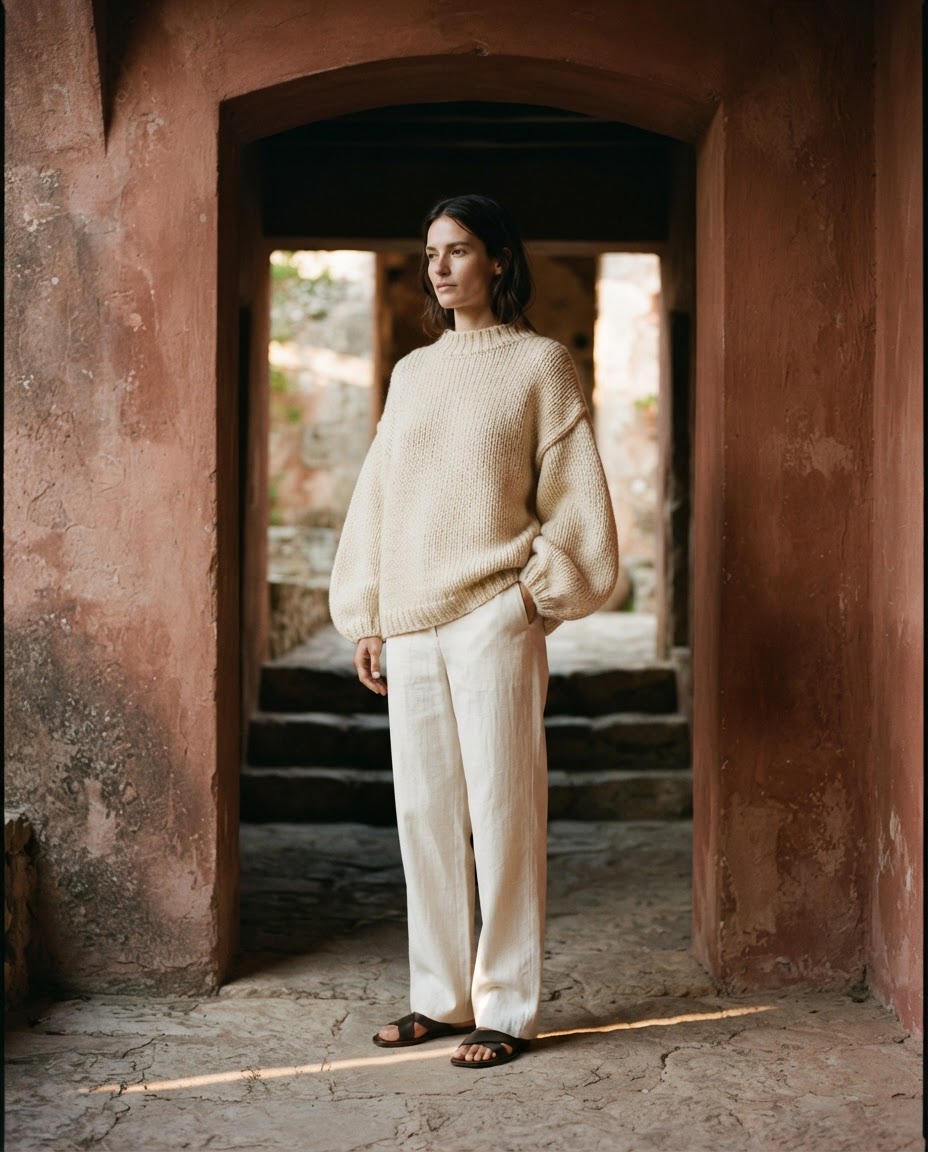 Warm cream open-gauge knit and rust scarf in a shaded interior