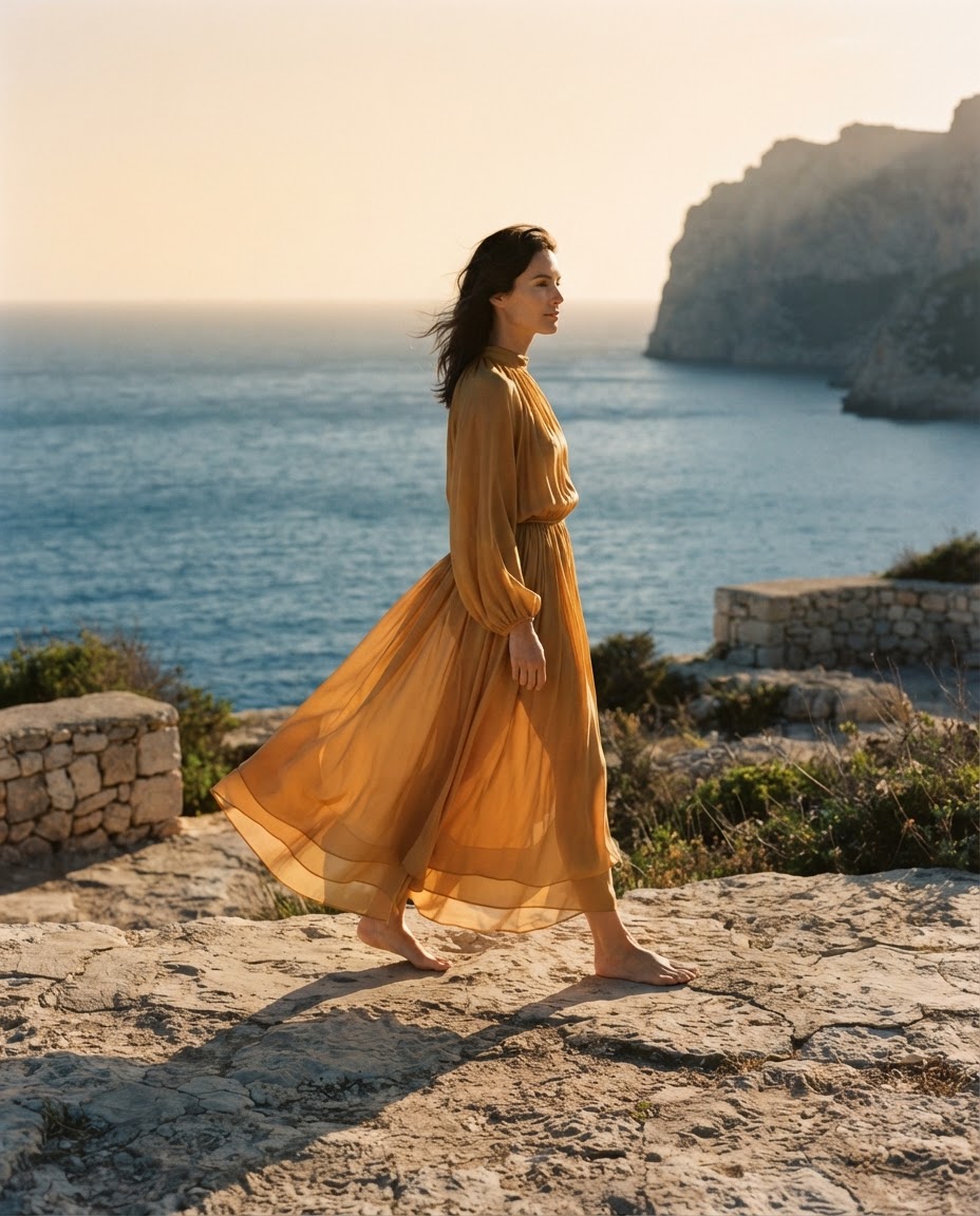 Ochre silk dress moving above the Mediterranean coast