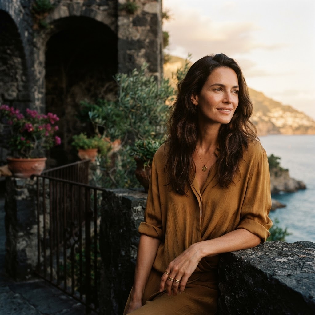 Woman in warm Riviera sunset light for the HÉLIOS campaign
