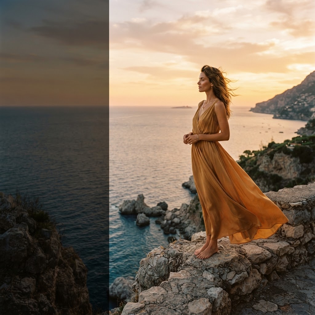 Ochre silk dress above a glowing Mediterranean coast