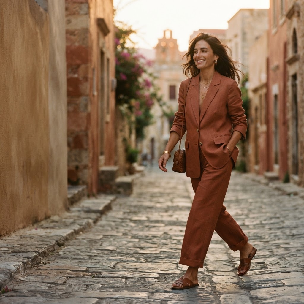 Terracotta linen tailoring moving through warm Riviera light