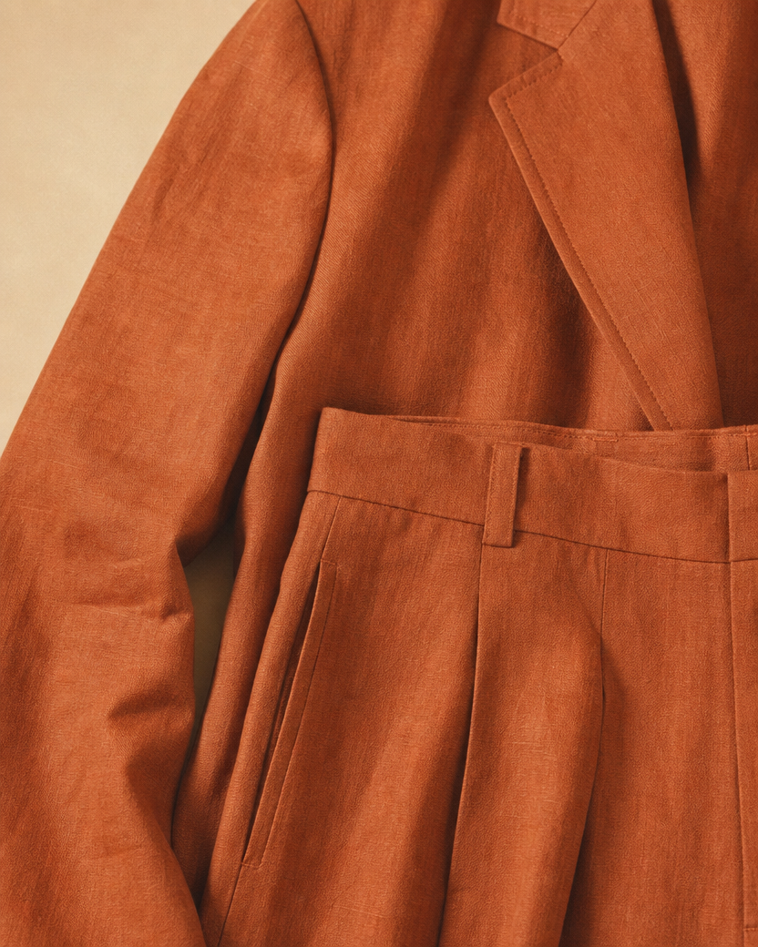 Terracotta Linen Suit fabric detail